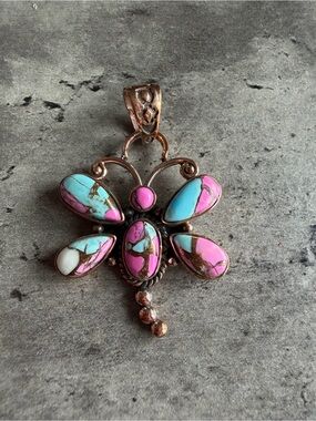 Cotton Candy Turquoise Dragonfly Inlay Copper Pendant